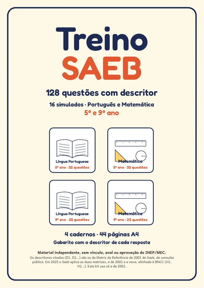 Capa do kit Treino SAEB, com os quatro cadernos: Português e Matemática, 5º e 9º ano