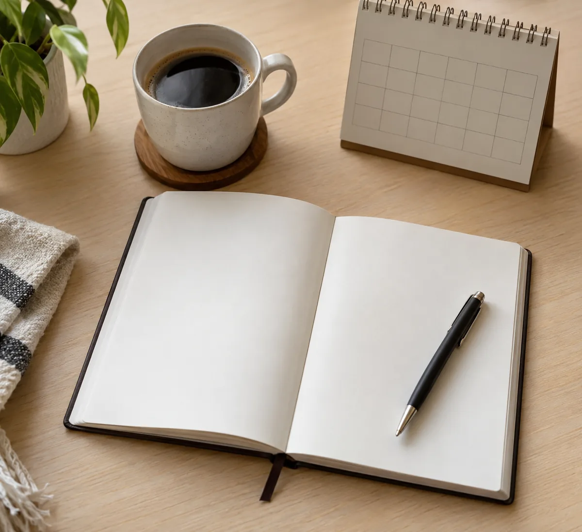 Caderno de planejamento aberto com páginas em branco e uma caneta parada em cima, ao lado de um calendário de mesa vazio. Imagem ilustrativa