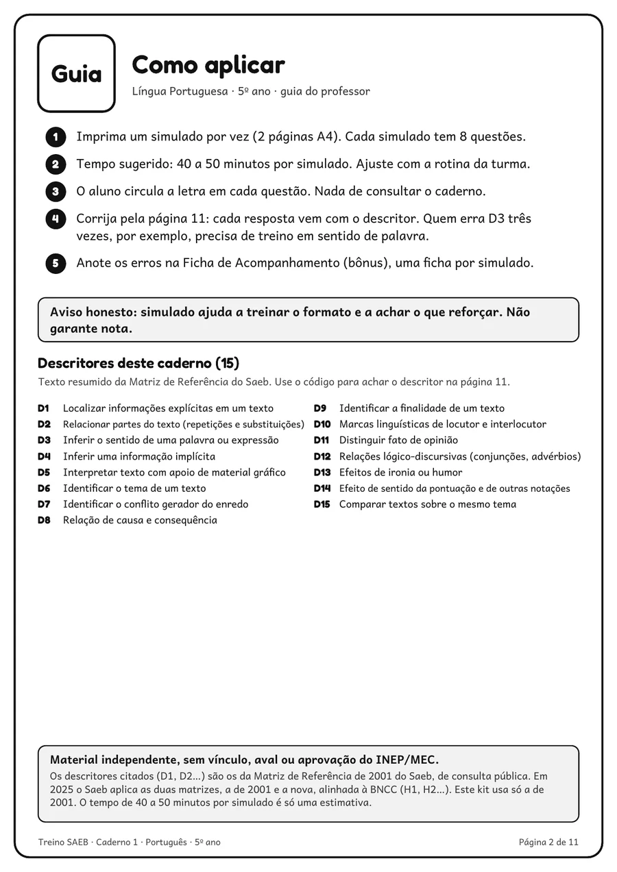 Página 2 do caderno: guia Como aplicar, com os passos e o tempo sugerido