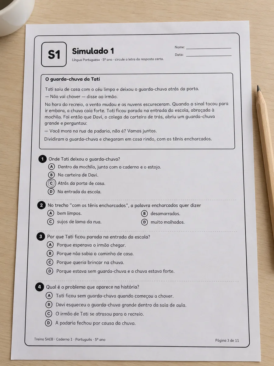 Folha impressa de um simulado de Língua Portuguesa do 5º ano, com um texto curto e questões de múltipla escolha, sobre a mesa de madeira clara, com uma alternativa circulada a lápis e um lápis ao lado