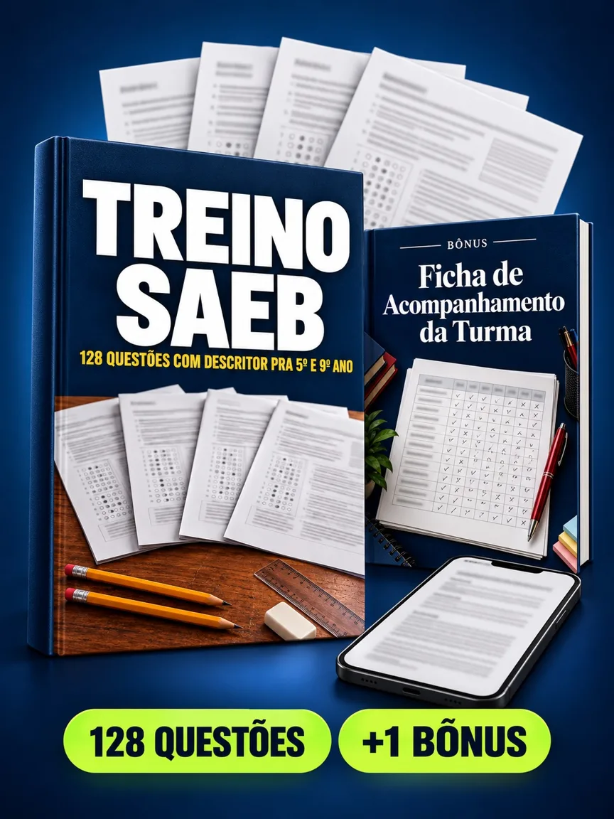 Montagem ilustrativa do Treino SAEB: livro com a capa, páginas do material e celular e capas dos bônus