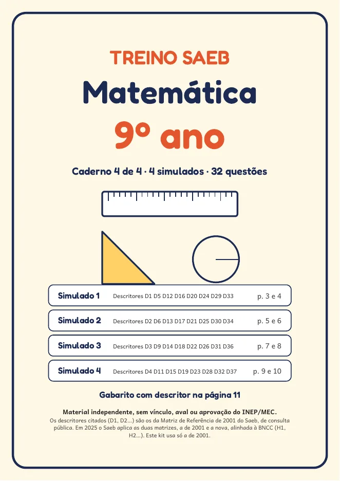 Página real do PDF Treino SAEB: capa do Caderno 4, Matemática 9º ano