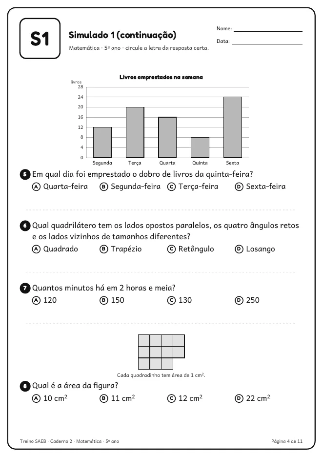 Página real do PDF Treino SAEB: questão de Matemática do 5º ano com gráfico de colunas