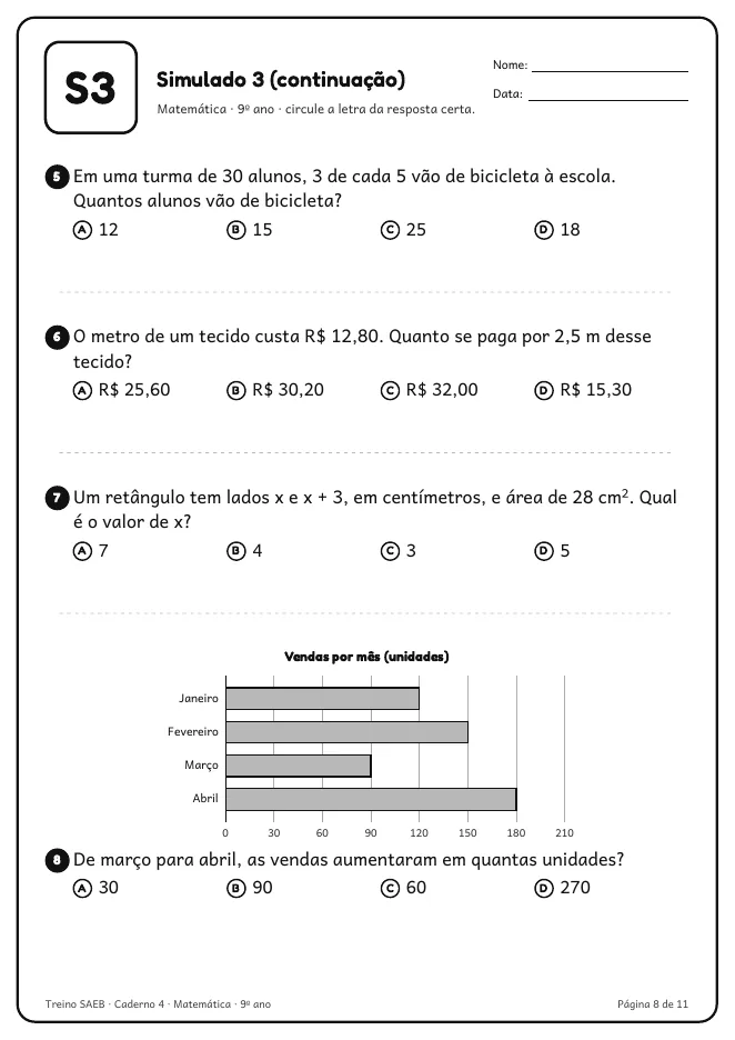 Página real do PDF Treino SAEB: equação e gráfico de barras