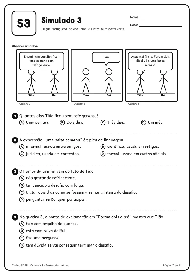 Página real do PDF Treino SAEB: questão do 9º ano com tirinha em três quadros