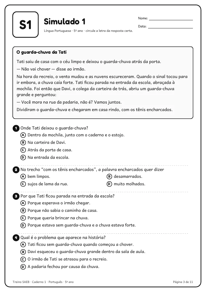 Página real do PDF Treino SAEB: texto curto e questões de múltipla escolha