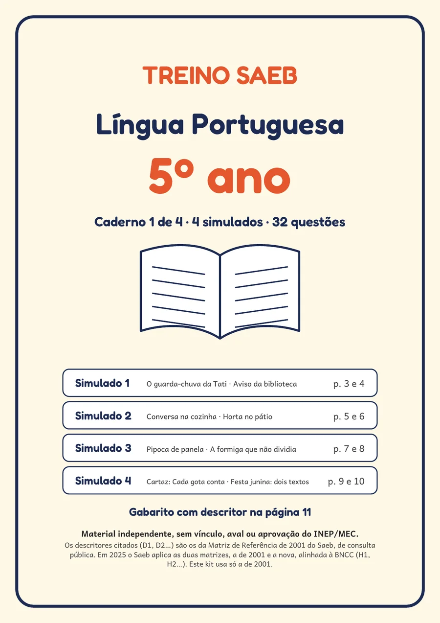 Capa do Caderno 1, Língua Portuguesa 5º ano, com os quatro simulados listados