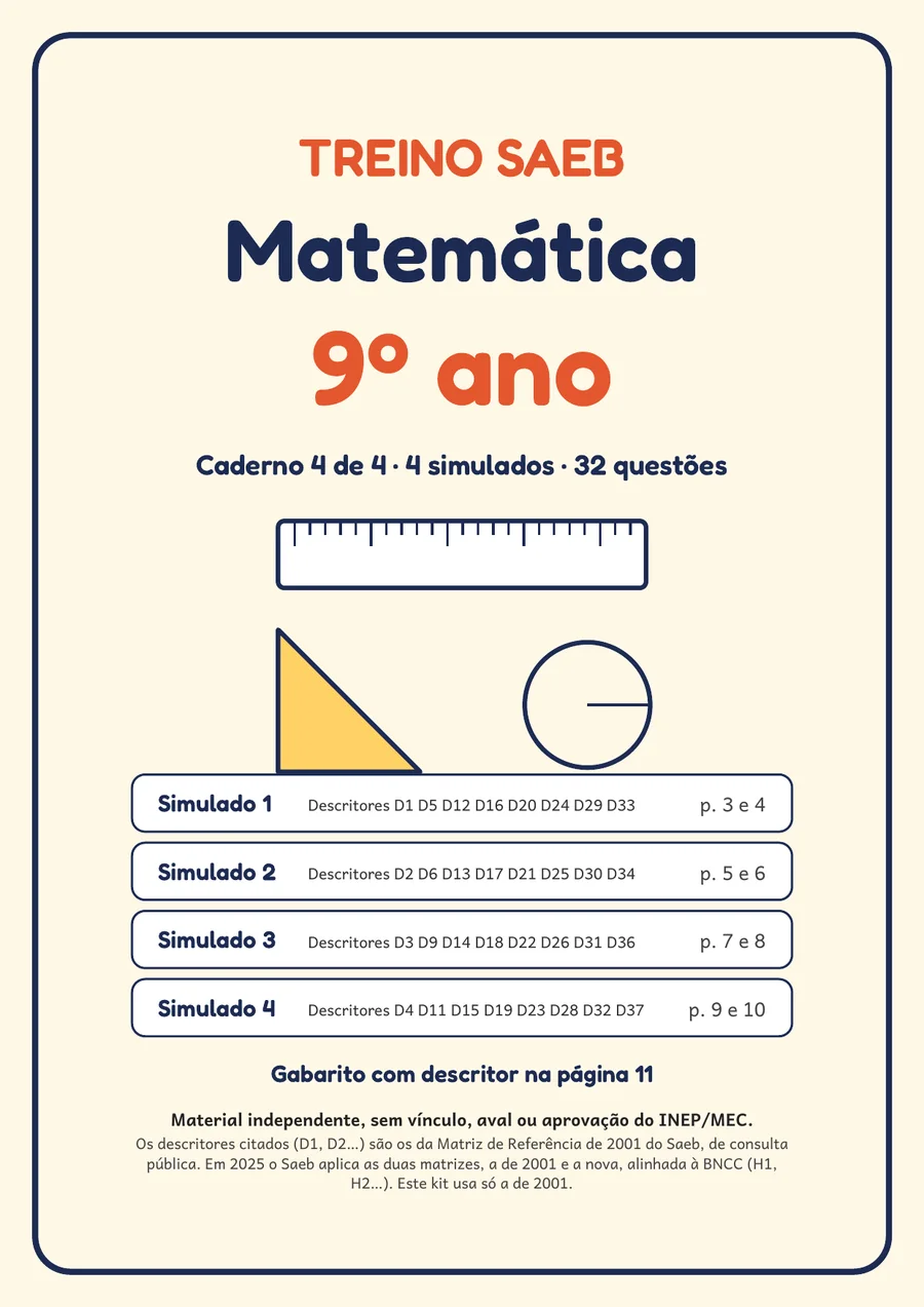 Capa do Caderno 4, Matemática 9º ano, com os quatro simulados listados