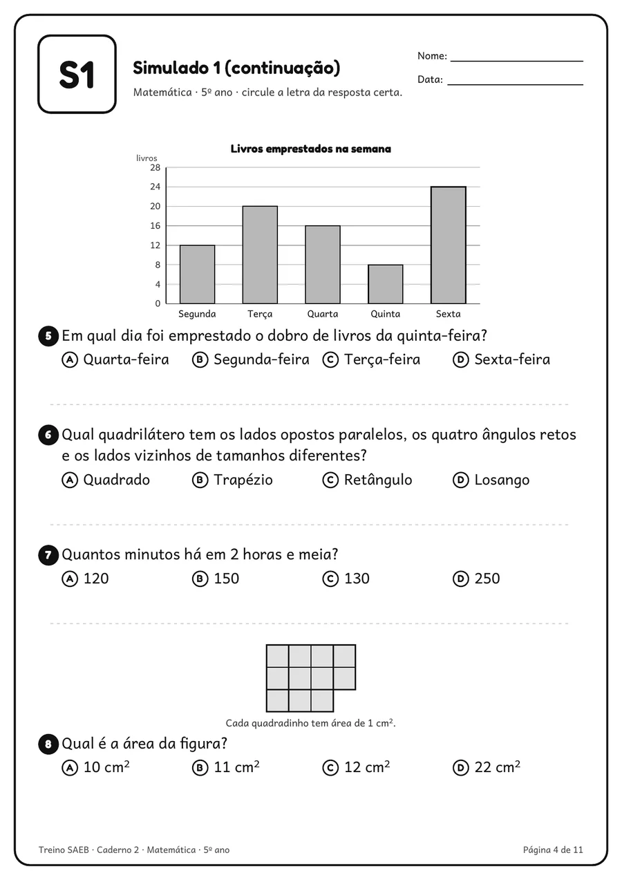 Página de simulado de Matemática 5º ano com um gráfico de colunas e questões