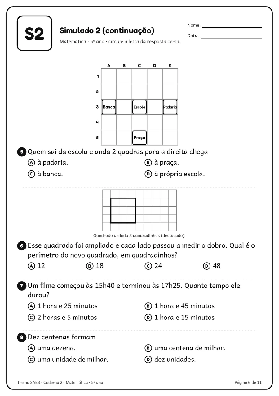 Página de simulado de Matemática 5º ano com figuras em malha quadriculada