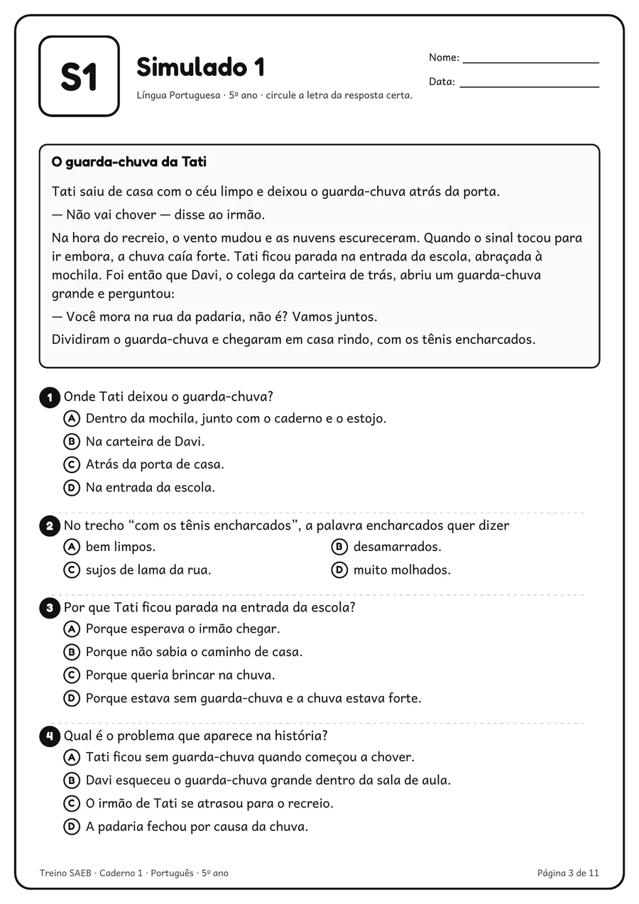 Página de simulado de Português 5º ano, com um texto curto e questões de múltipla escolha